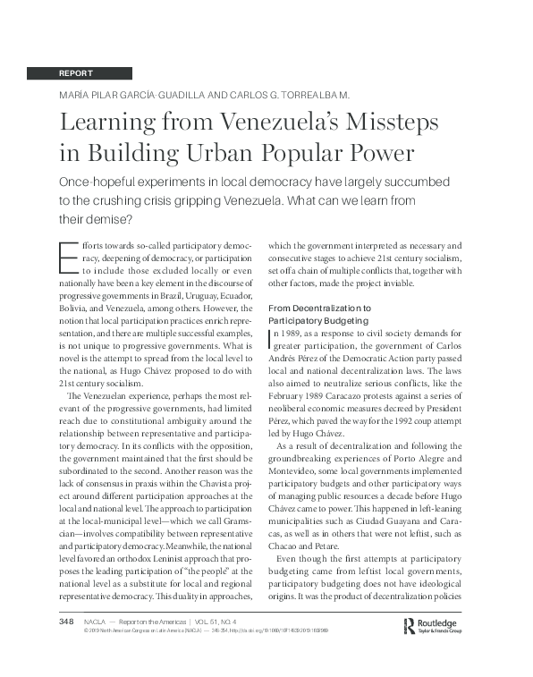 First page of “Learning from Venezuela’s Missteps in Building Urban Popular Power: Decentralization, Participatory Budgeting, Communal Councils and Comunes”