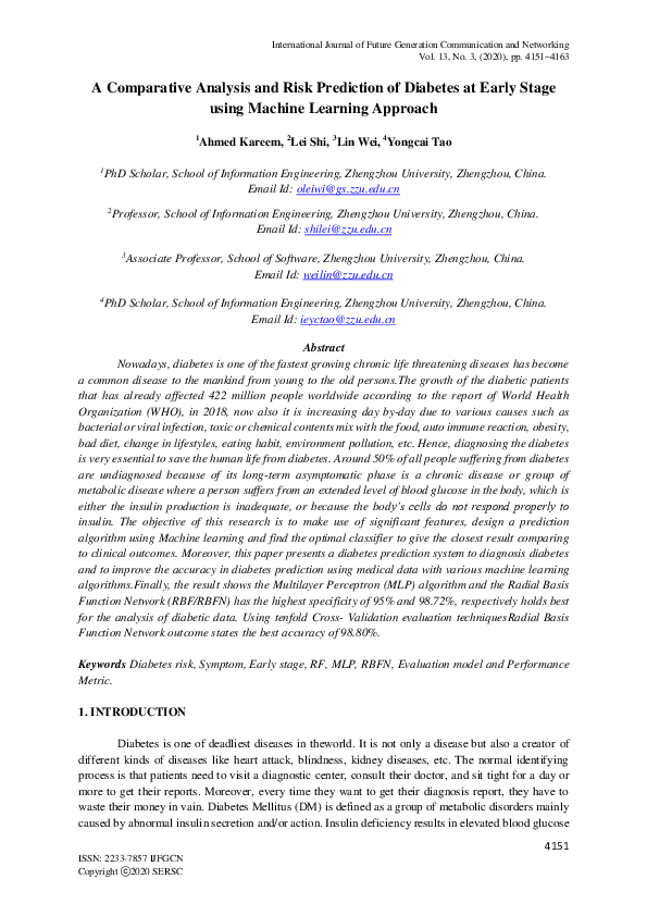 (PDF) A Comparative Analysis and Risk Prediction of Diabetes at Early ...