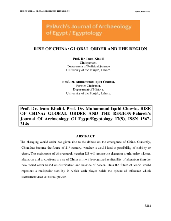 (PDF) PJAEE, 17 (9) (2020) RISE OF CHINA: GLOBAL ORDER AND THE REGION ...