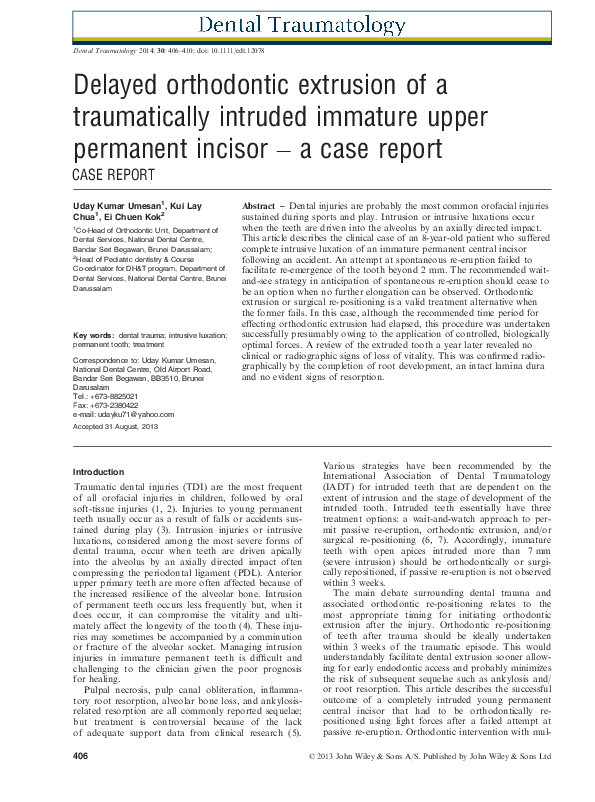 (PDF) Delayed orthodontic extrusion of a traumatically intruded ...