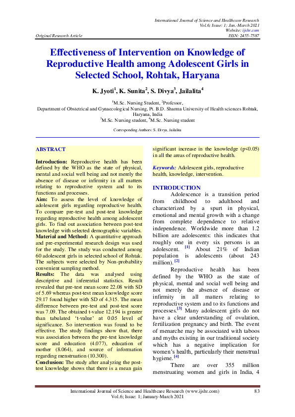 (PDF) Effectiveness of Intervention on Knowledge of Reproductive Health ...