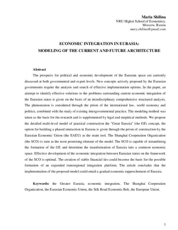 (PDF) Economic Integration in Eurasia: Modeling of the Current and ...