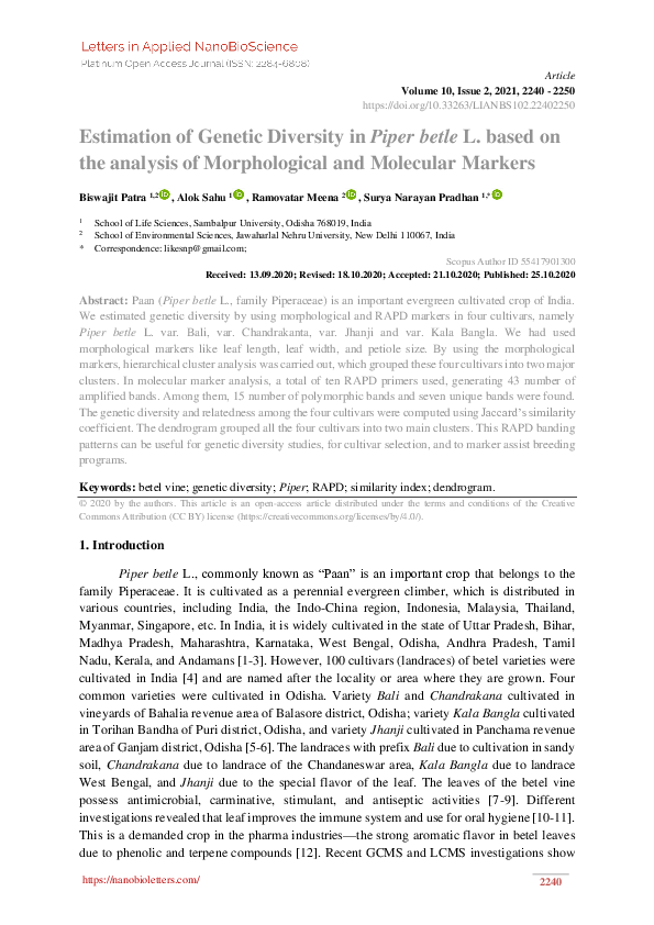 (PDF) Estimation of Genetic Diversity in Piper betle L. based on the ...