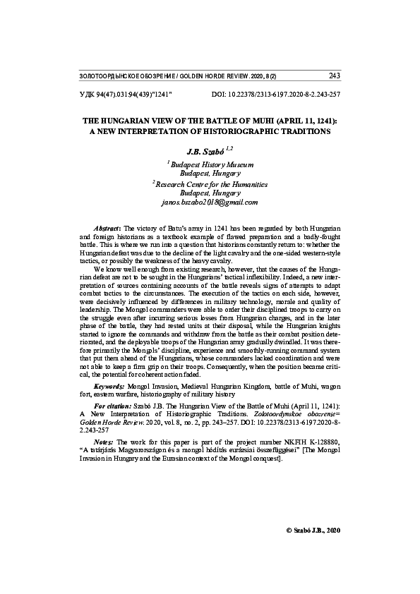 The Hungarian View of the Battle of Muhi (April 11, 1241): A New Interpretation of Historiographic Traditions