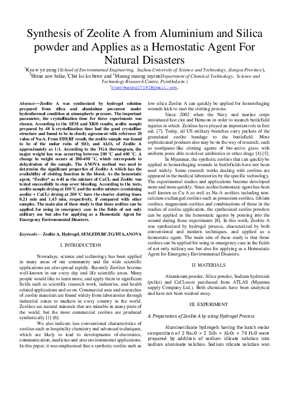 (PDF) Synthesis of Zeolite A from Aluminium and Silica powder and ...