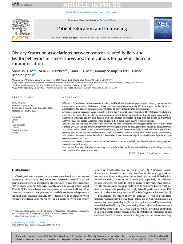 (PDF) Obesity status on associations between cancer-related beliefs and ...