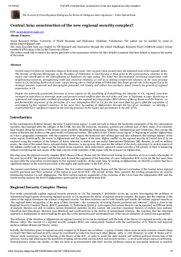 (PDF) Central Asia: construction of the new regional security complex?