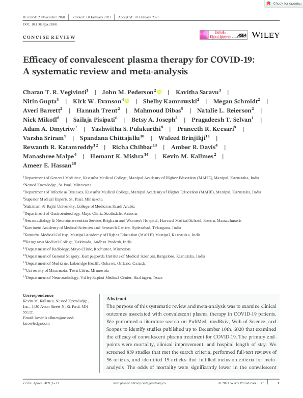 (PDF) Efficacy of convalescent plasma therapy for COVID-19: A ...