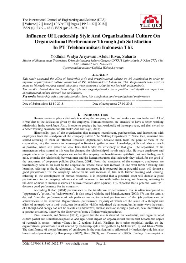 (PDF) Influence Of Leadership Style And Organizational Culture On ...