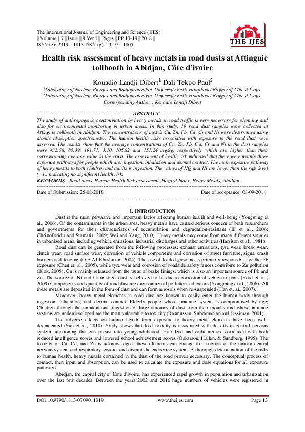(PDF) Health risk assessment of heavy metals in road dusts at Attinguie ...