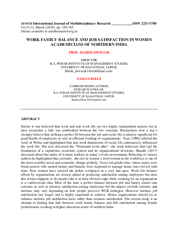 (PDF) WORK FAMILY BALANCE AND JOB SATISFACTION IN WOMEN ACADEMICIANS OF ...
