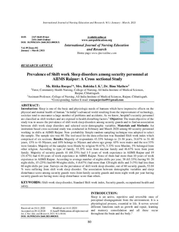 (PDF) Prevalence of Shift work Sleep disorders among security personnel ...