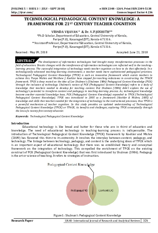 (PDF) TECHNOLOGICAL PEDAGOGICAL CONTENT KNOWLEDGE: A FRAMEWORK FOR 21 ...