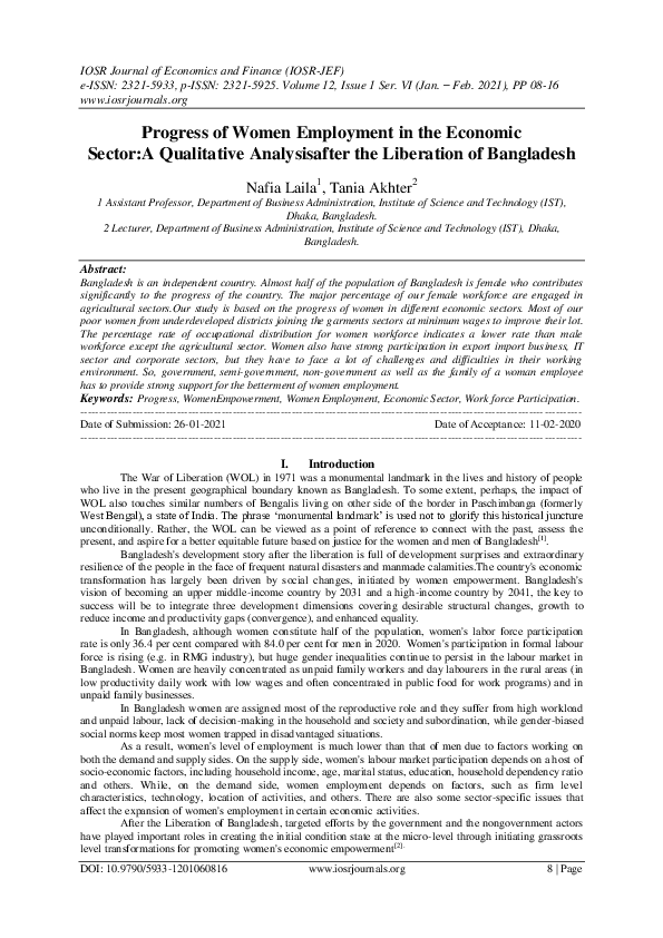 (PDF) Progress of Women Employment in the Economic Sector:A Qualitative ...