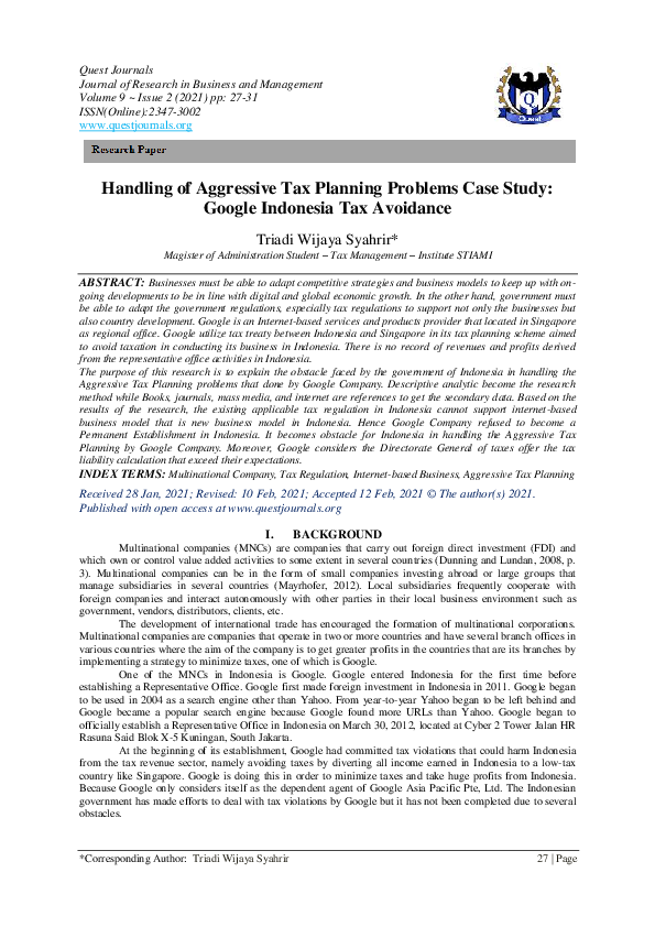 (PDF) Handling of Aggressive Tax Planning Problems Case Study: Google ...