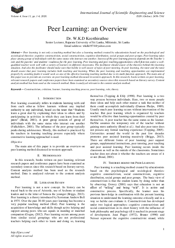 (PDF) Peer Learning: an Overview