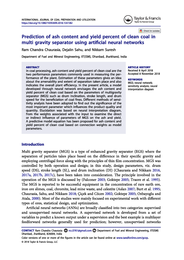 Prediction of ash content and yield percent of clean coal in multi ...