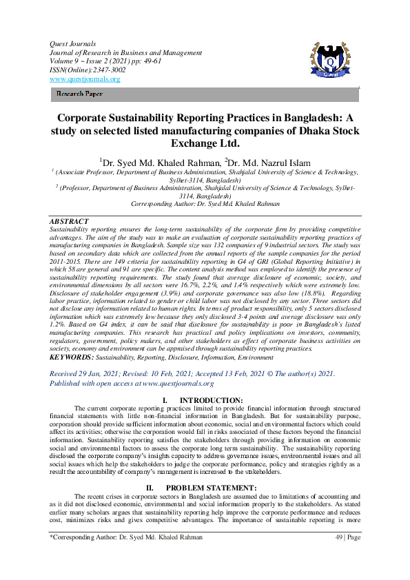 (PDF) Corporate Sustainability Reporting Practices in Bangladesh: A ...