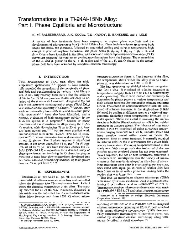 (PDF) Transformations in a Ti-24AI-15Nb alloy: Part I. Phase equilibria ...