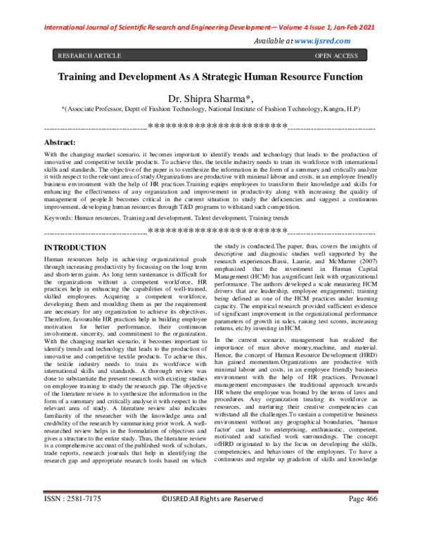 (PDF) Training and Development As A Strategic Human Resource Function
