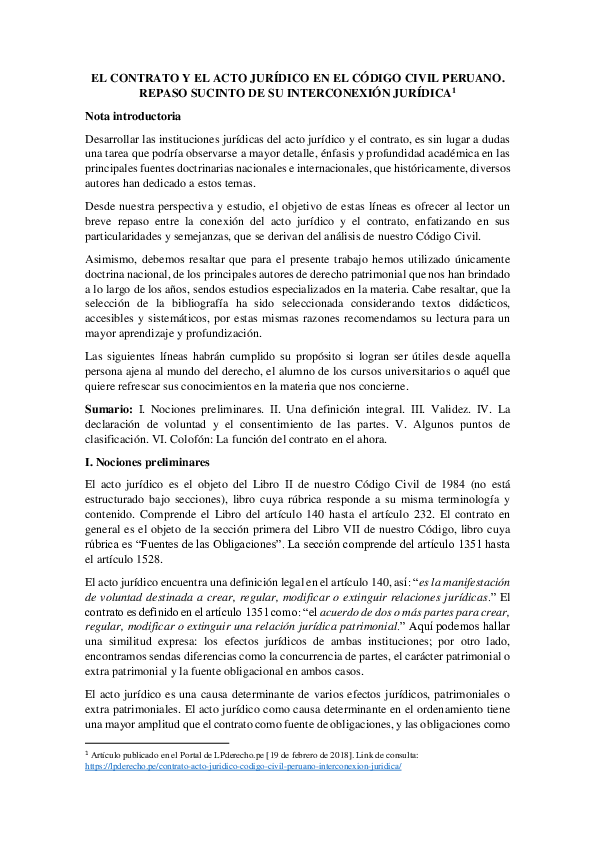 (PDF) El contrato y el acto jurídico en el Código Civil peruano. Repaso ...