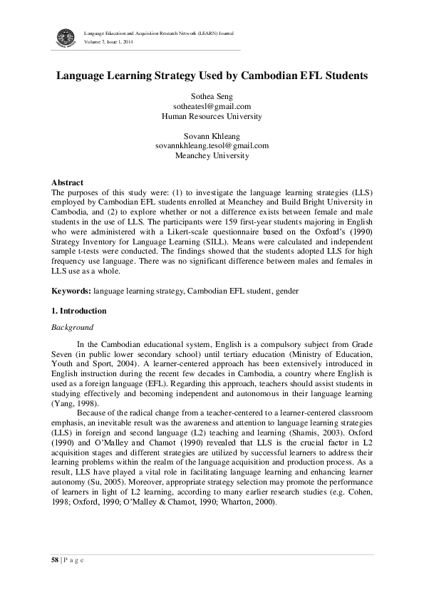 (PDF) Language Learning Strategy Used by Cambodian EFL Students