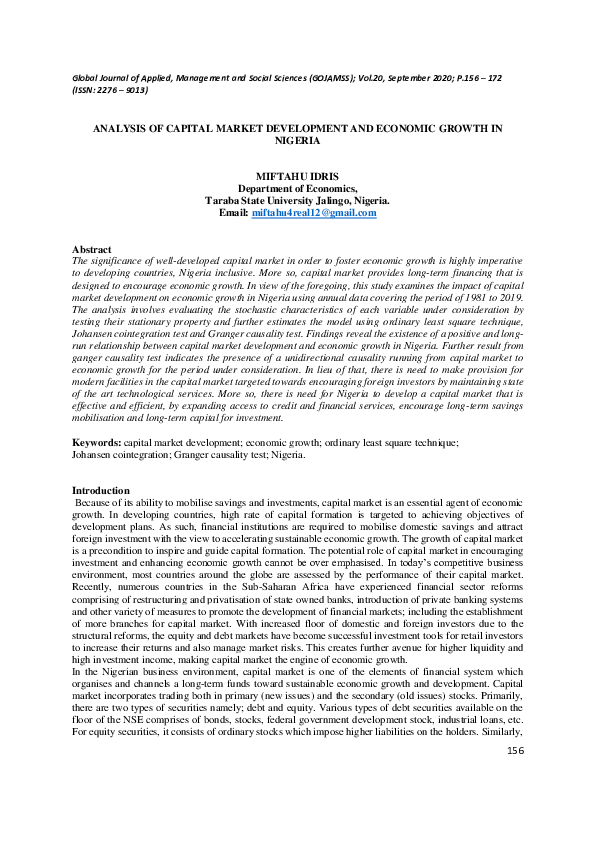 (PDF) ANALYSIS OF CAPITAL MARKET DEVELOPMENT AND ECONOMIC GROWTH IN NIGERIA
