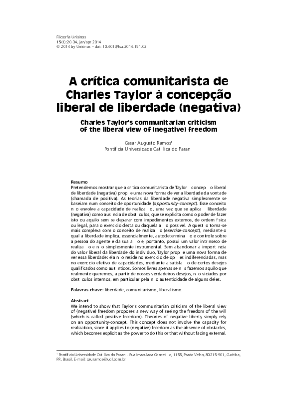 A crítica comunitarista de Charles Taylor à concepção liberal de liberdade (negativa)