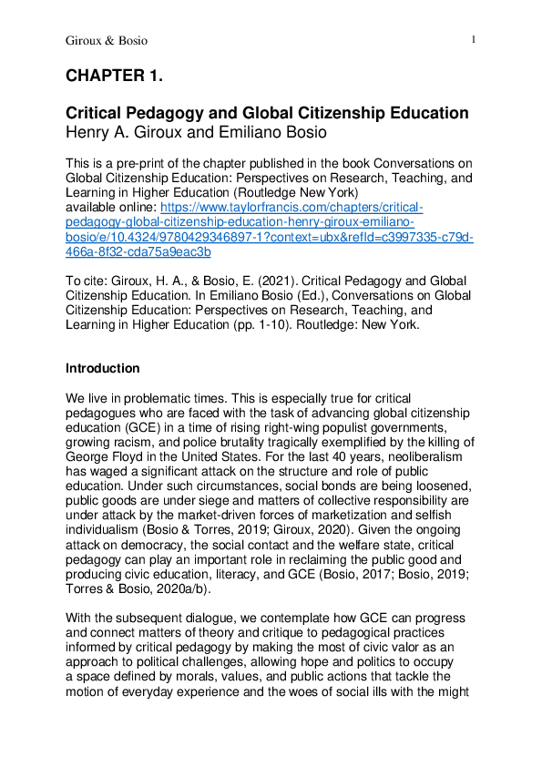 (PDF) Critical Pedagogy and Global Citizenship Education (Henry Giroux