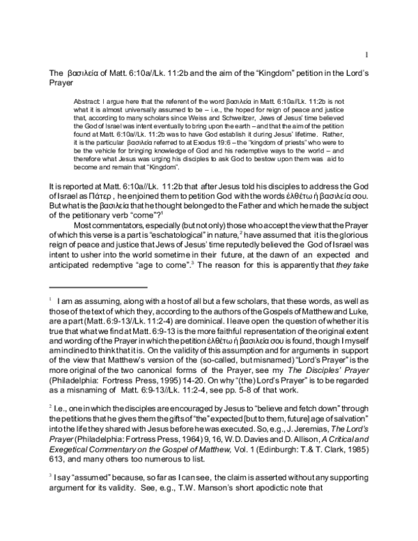 (PDF) The meaning of "Kingdom" in Matthew 610a//Luke 112b Jeffrey B Gibson Academia.edu