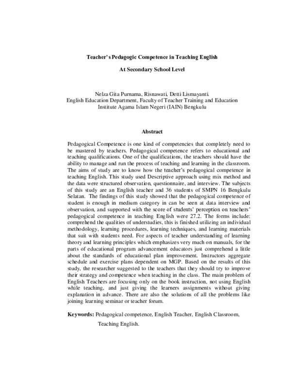 (PDF) Teacher's Pedagogic Competence in Teaching English At Secondary ...