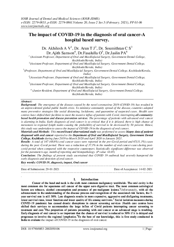 (PDF) The impact of COVID-19 in the diagnosis of oral cancer-A hospital ...