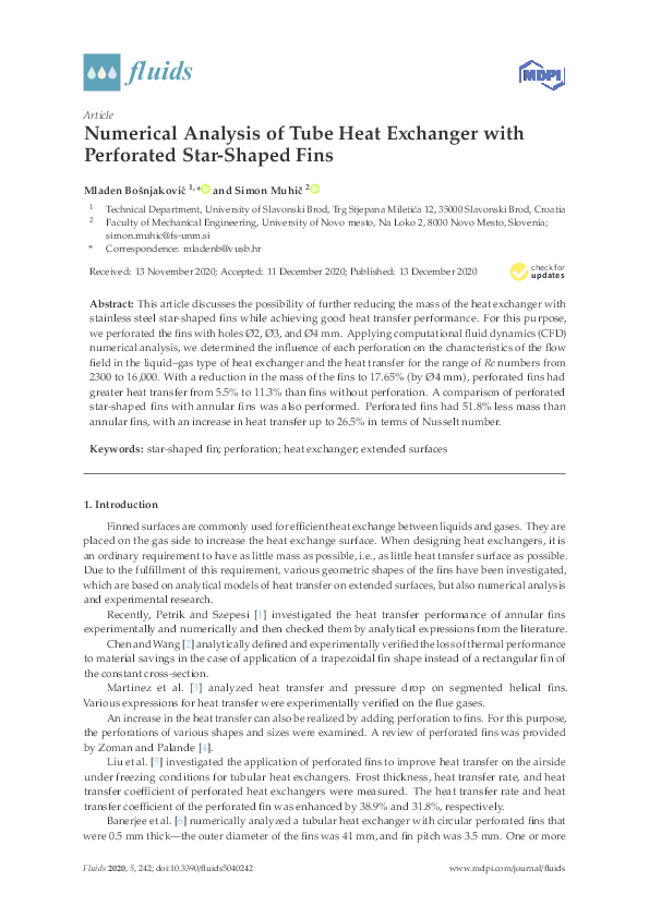 (PDF) Numerical Analysis of Tube Heat Exchanger with Perforated Star ...