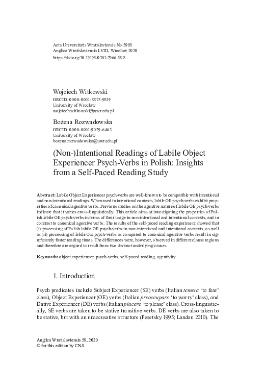 (PDF) (Non-)Intentional Readings of Labile Object Experiencer Psych ...