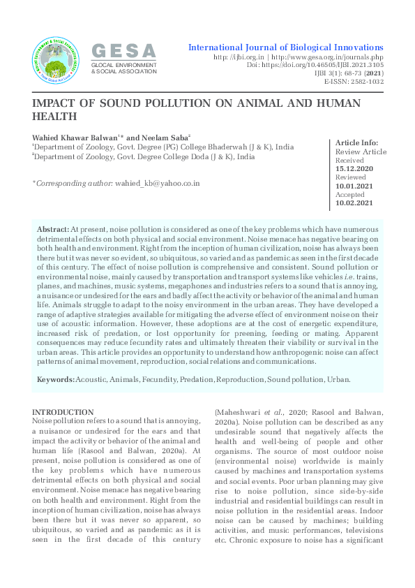 (PDF) IMPACT OF SOUND POLLUTION ON ANIMAL AND HUMAN HEALTH