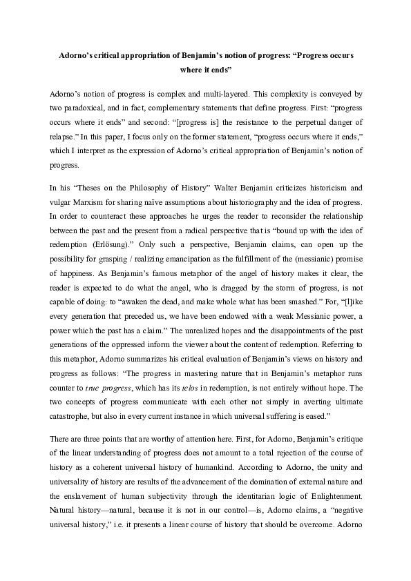 (PDF) Adorno’s critical appropriation of Benjaminian notion of progress