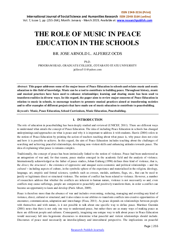 (PDF) THE ROLE OF MUSIC IN PEACE EDUCATION IN THE SCHOOLS