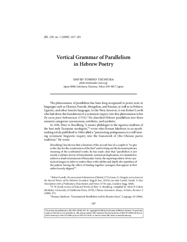 (PDF) 2009 "Vertical Grammar of Parallelism in Hebrew Poetry" David