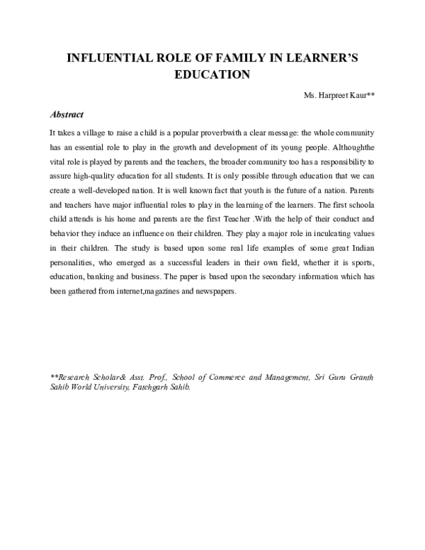 (DOC) INFLUENTIAL ROLE OF FAMILY IN LEARNER'S EDUCATION