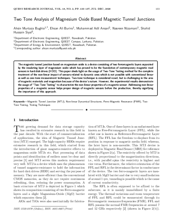 (PDF) Two Tone Analysis of Magnesium Oxide Based Tunnel Junctions QUEST RESEARCH