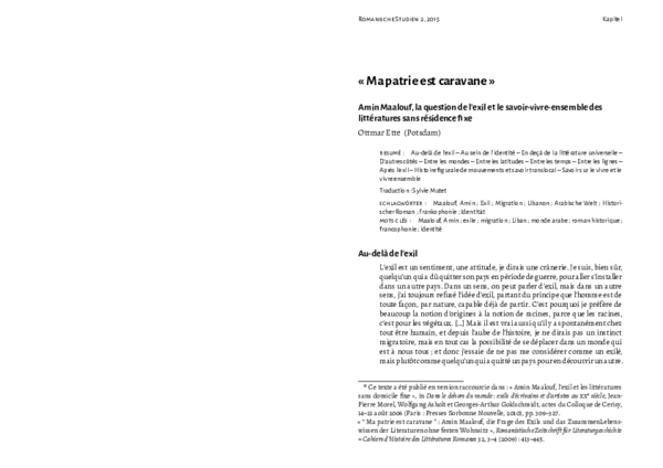 Pdf Ma Patrie Est Caravane Amin Maalouf La Question De L Exil Et Le Savoir Vivre Ensemble Des Litteratures Sans Residence Fixe In Romanische Studien Munchen 2 15 Pp 397 433 Ottmar Ette Academia Edu