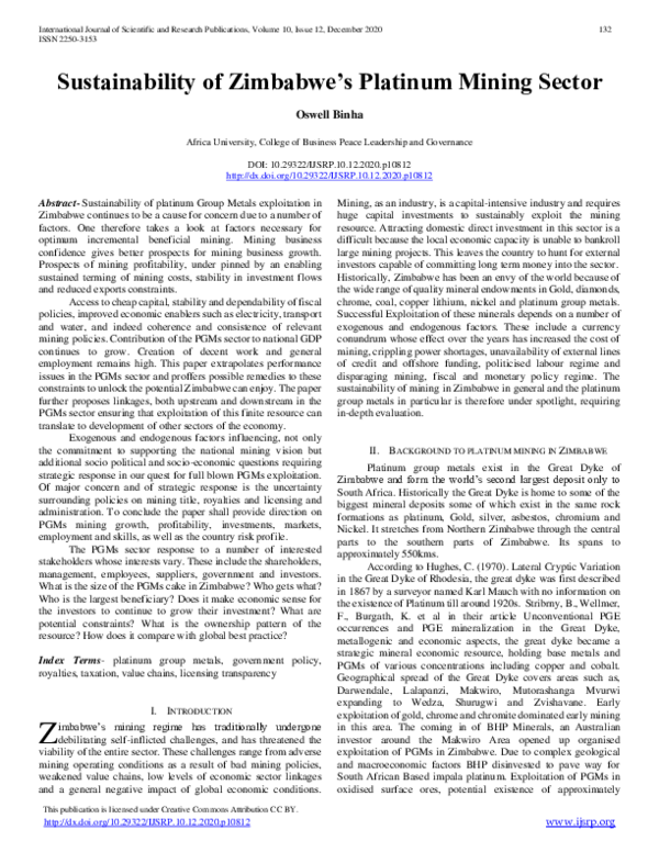 (PDF) Sustainability of Zimbabwe's Platinum Mining Sector