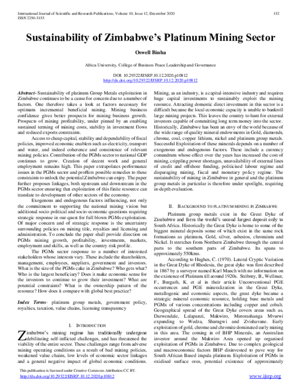 (PDF) Sustainability of Zimbabwe's Platinum Mining Sector