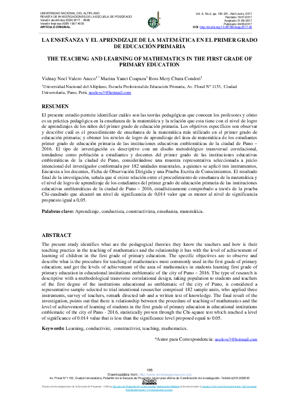 (PDF) LA ENSEÑANZA Y APRENDIZAJE DE LA MATEMATICA EN EL PRIMER GRADO DE ...