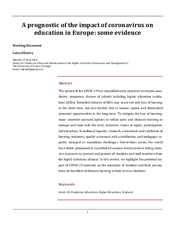 (PDF) A prognostic of the impact of coronavirus on education in Europe ...