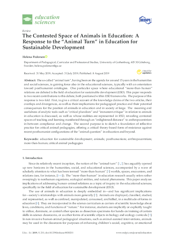 (PDF) The Contested Space of Animals in Education: A Response to the ...