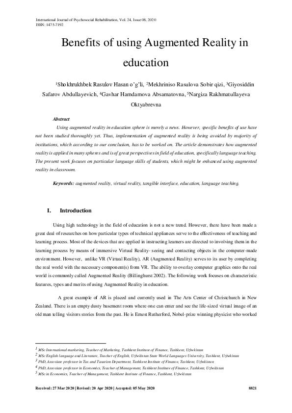 (PDF) Benefits of using Augmented Reality in education