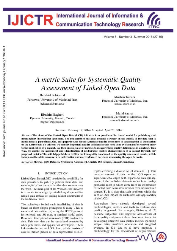 (PDF) A metric Suite for Systematic Quality Assessment of Linked Open Data