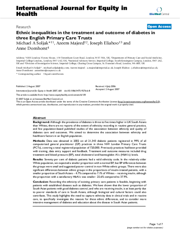 (PDF) Ethnic inequalities in the treatment and outcome of diabetes in ...