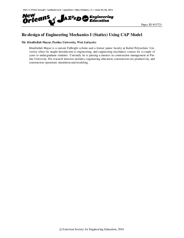 (PDF) Re-design of Engineering Mechanics I (Statics) Using CAP Model